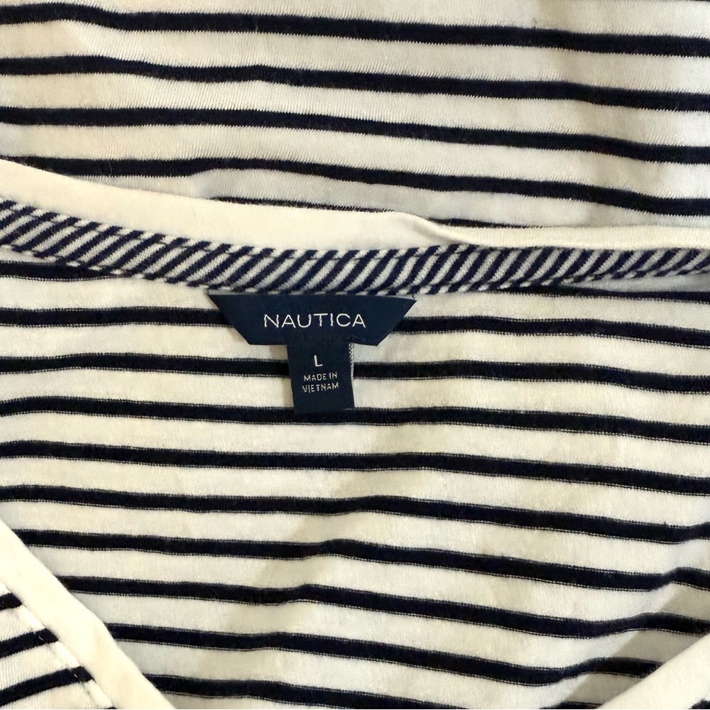 Nautica Women's Short-Sleeve V-Neck Tee in White and Navy Stripes - Picture 2 of 4